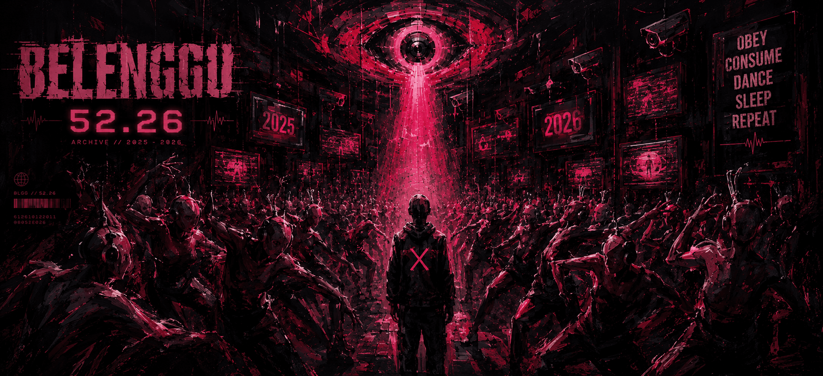EP BELENGGU '52.26' cover art featuring a distorted, glitchy image of a person in a dark, industrial setting
